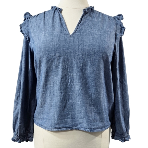 J. Crew 100% Cotton Chambray Ruffle Trim Split Neck Peasant Top Boho BK427 - Picture 1 of 9